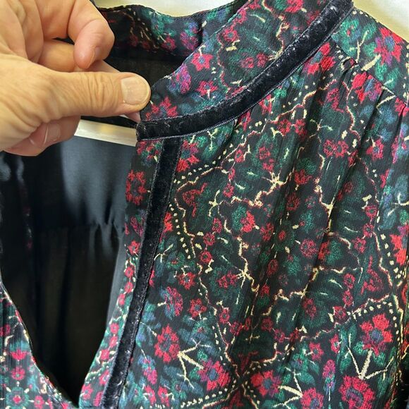 Loft Green Red Blue Floral Chiffon Velvet Trim V-Neck Sheer LS Blouse Size XXL - Picture 3 of 15